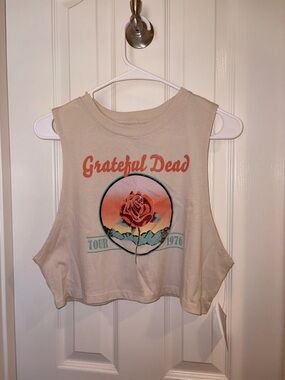 Grateful Dead Cream Crop Tank with Coral Rose Graphic